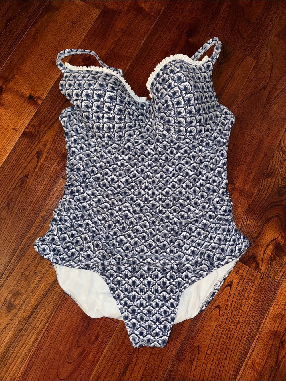 Bond-Eye Blue and White Ruffle Trim One Piece Swimsuit Ruched US 12
